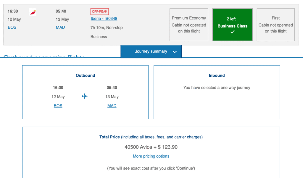 avios business class booking on iberia